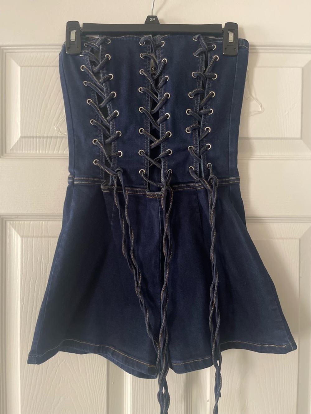 Denim Lace-Up Strapless Romper in Dark Blue